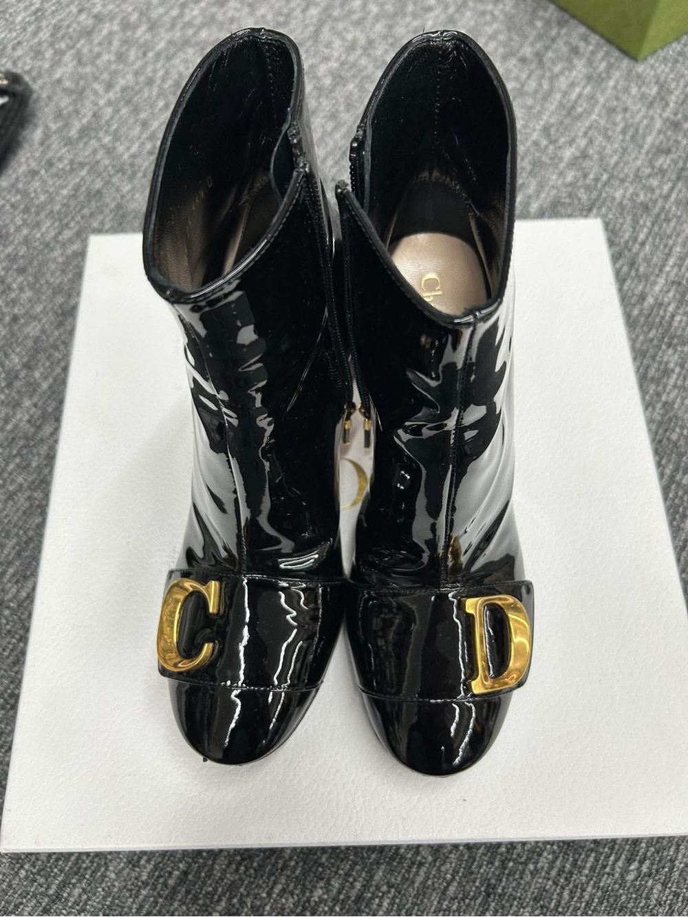 Dior Black Patent Ankle Booties with Gold 'CD' Buckle